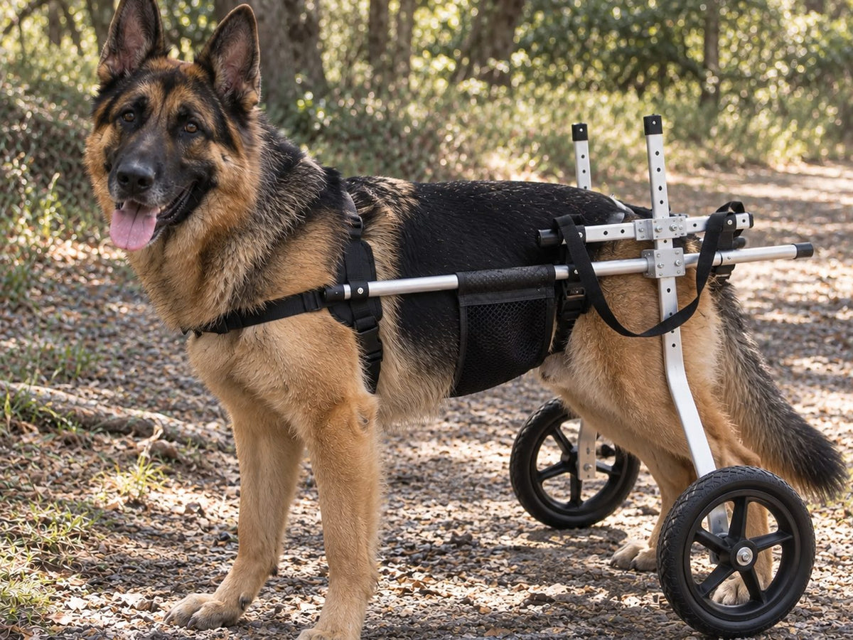 German shepherd walking in an OldPal rear support wheelchair on a trail