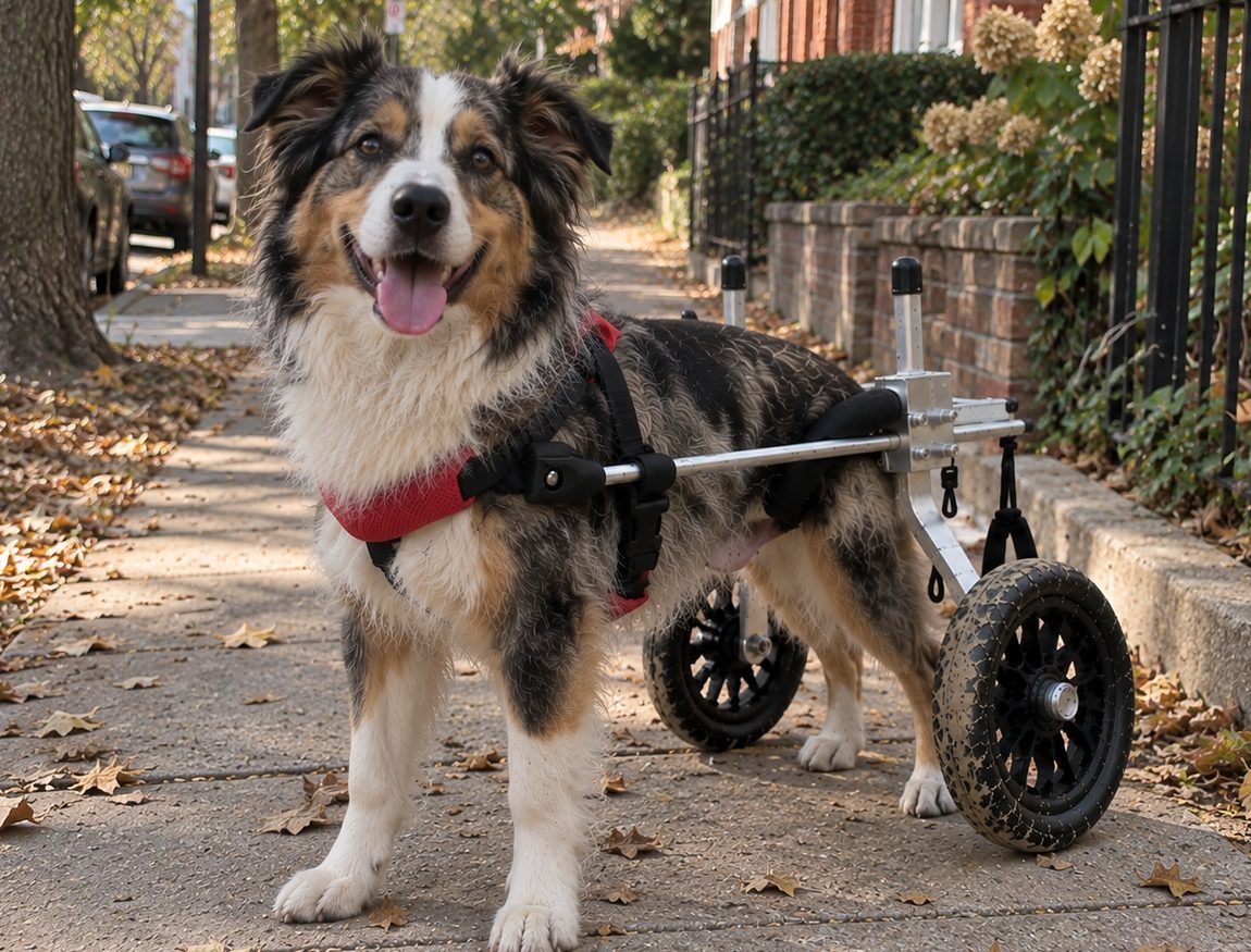 Australian shepherd standing in an OldPal rear support wheelchair on a sidewalk