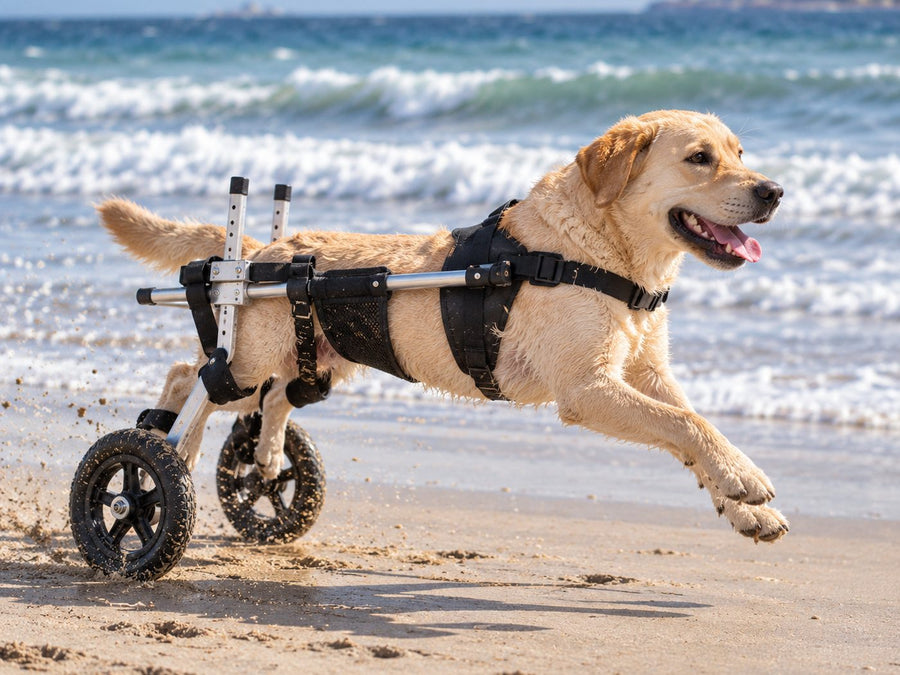 Labrador running along the beach in a rear support wheelchair