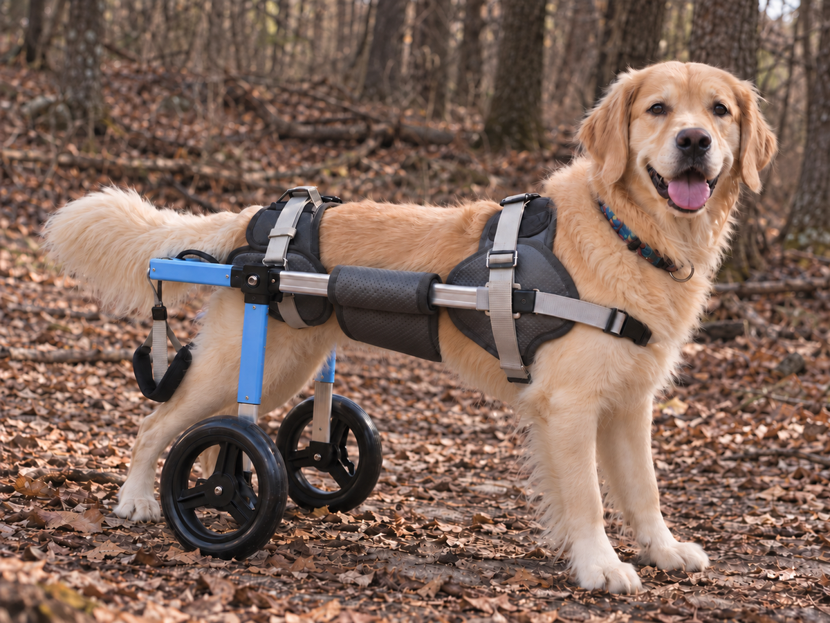 Golden retriever in the OldPal rear support wheelchair on a forest trail