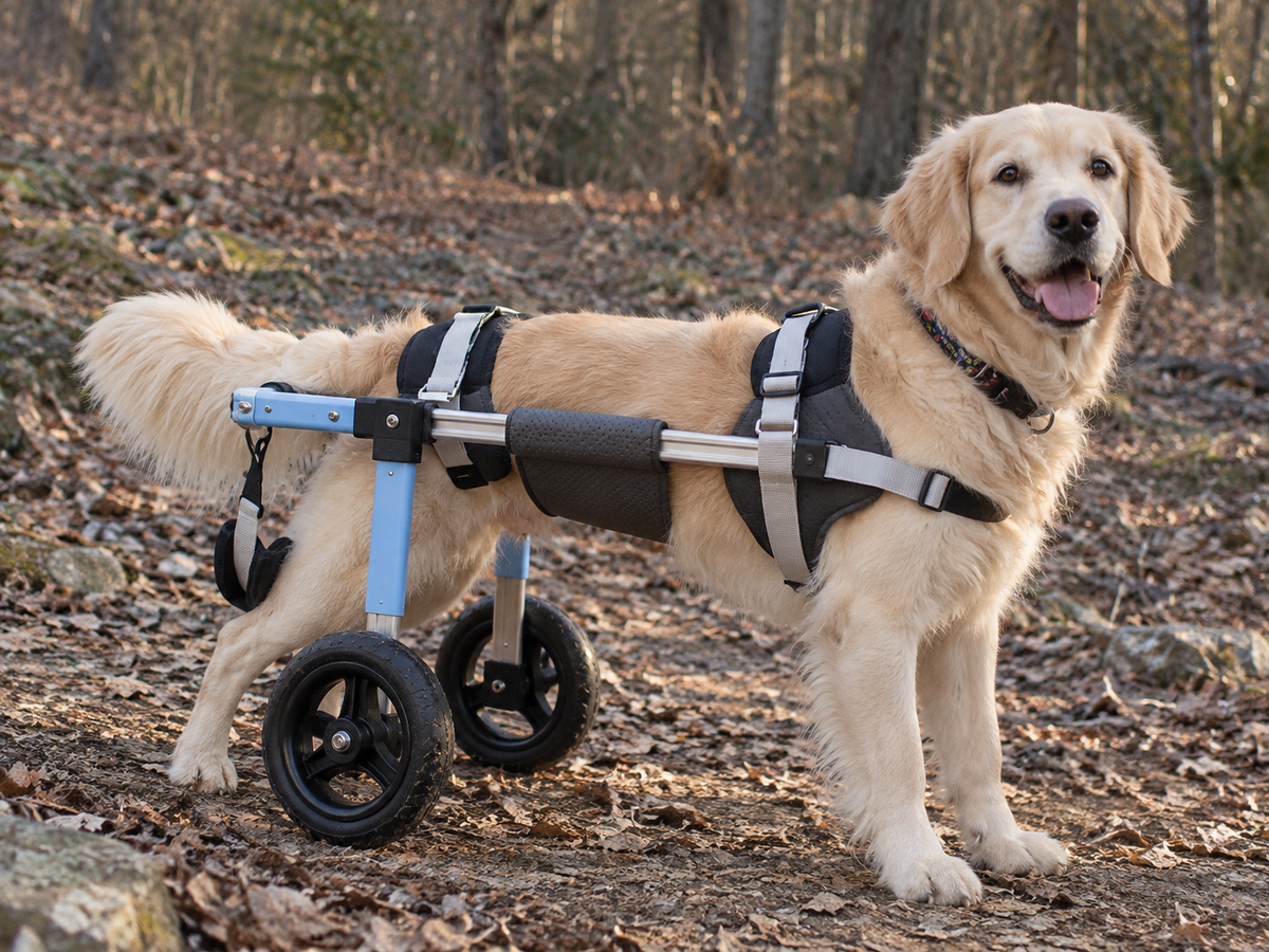 Golden retriever in the OldPal rear support wheelchair on a forest trail