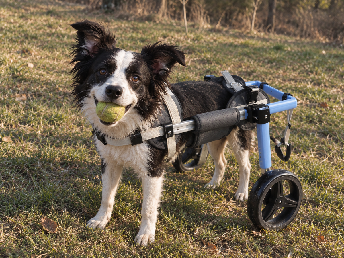 Border collie in the OldPal rear support wheelchair