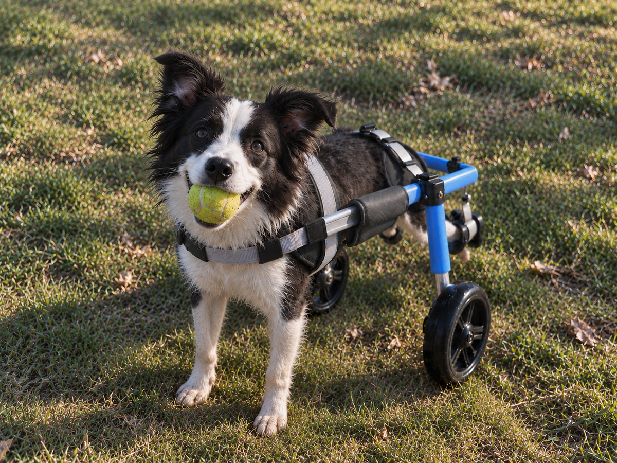 Border collie in the OldPal rear support wheelchair