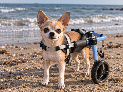 Chihuahua in the OldPal rear support wheelchair on the beach