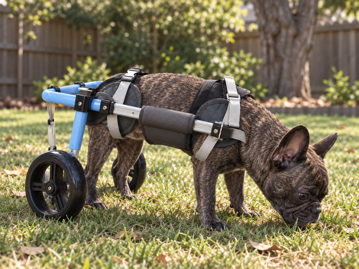 French bulldog in the OldPal rear support wheelchair