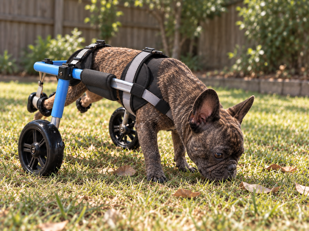 French bulldog in the OldPal rear support wheelchair