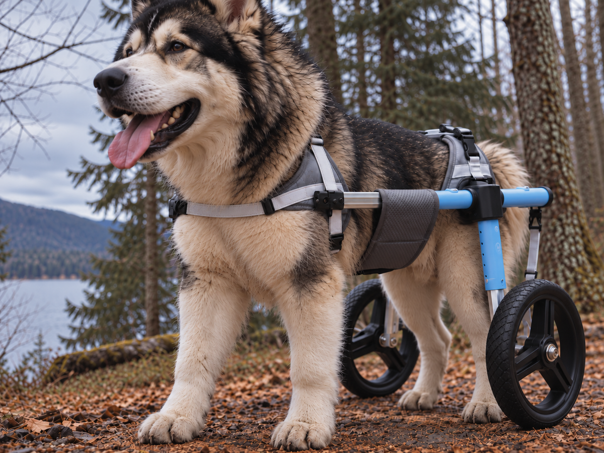 Alaskan malamute in the OldPal rear support wheelchair by a lake