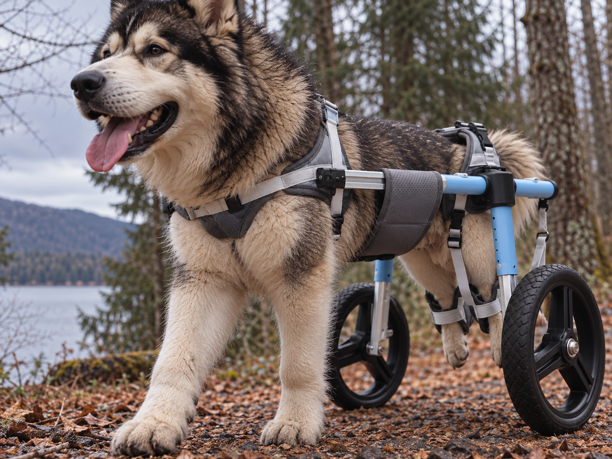 Alaskan malamute in the OldPal rear support wheelchair by a lake