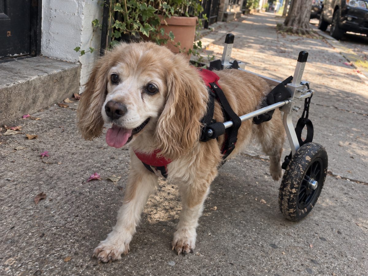 Senior cocker spaniel in an OldPal rear support wheelchair on a city sidewalk