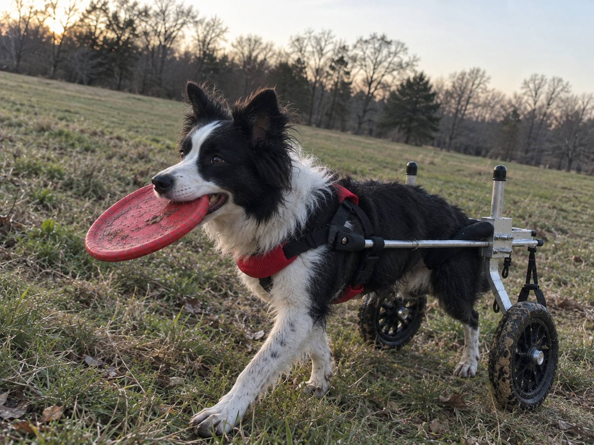 Border collie in the OldPal rear support wheelchair