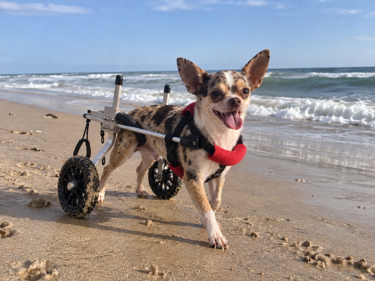 Teacup chihuahua in the OldPal rear support wheelchair