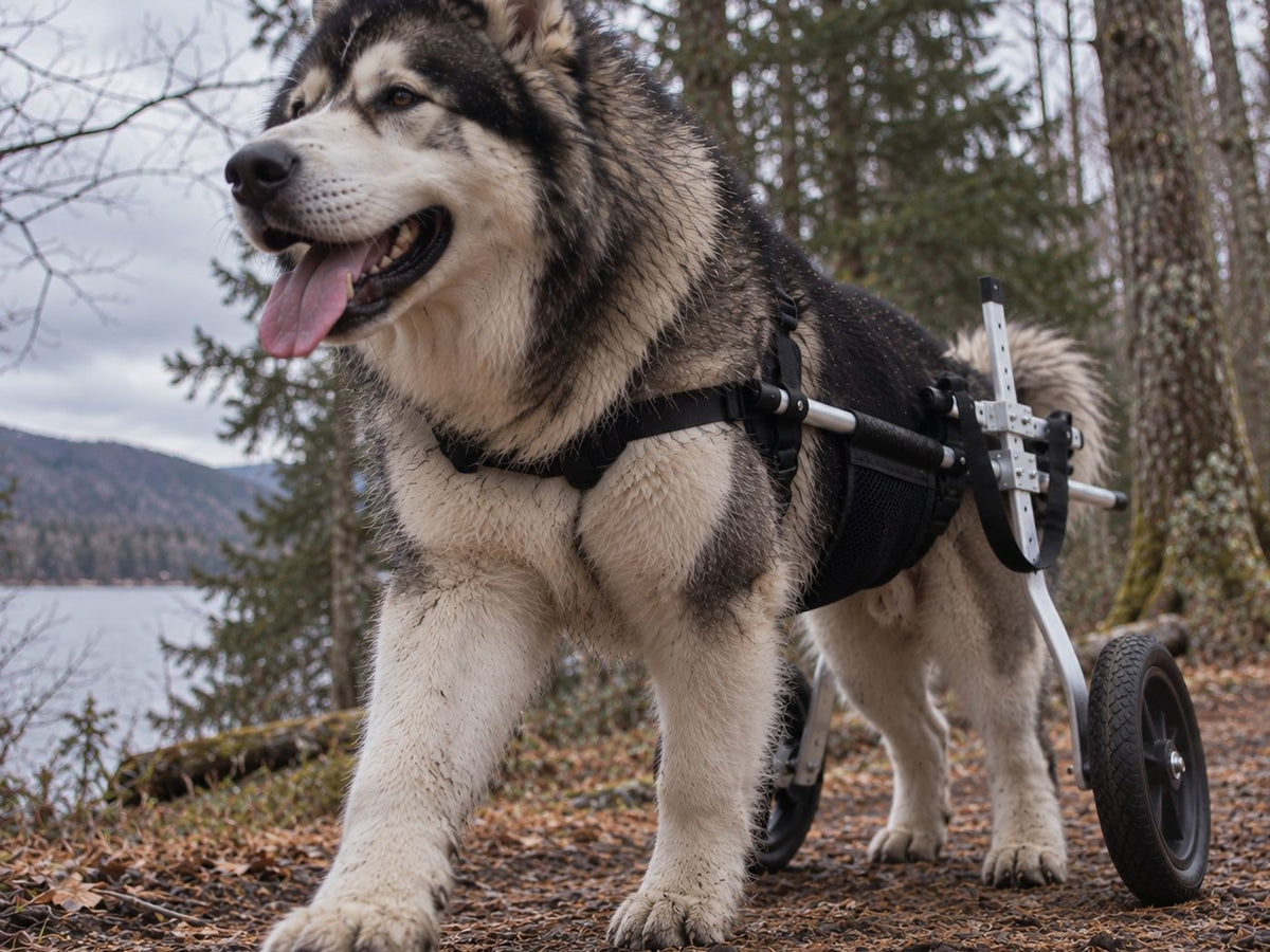 Alaskan malamute in the OldPal rear support wheelchair